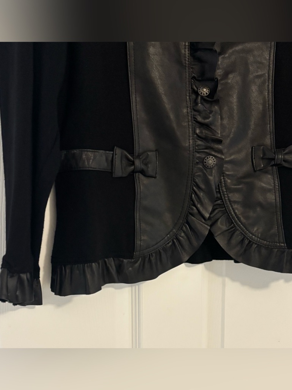 Caprice Black Rayon Knit and Leather Lamb Skin Ruffle Jacket - Picture 2 of 5